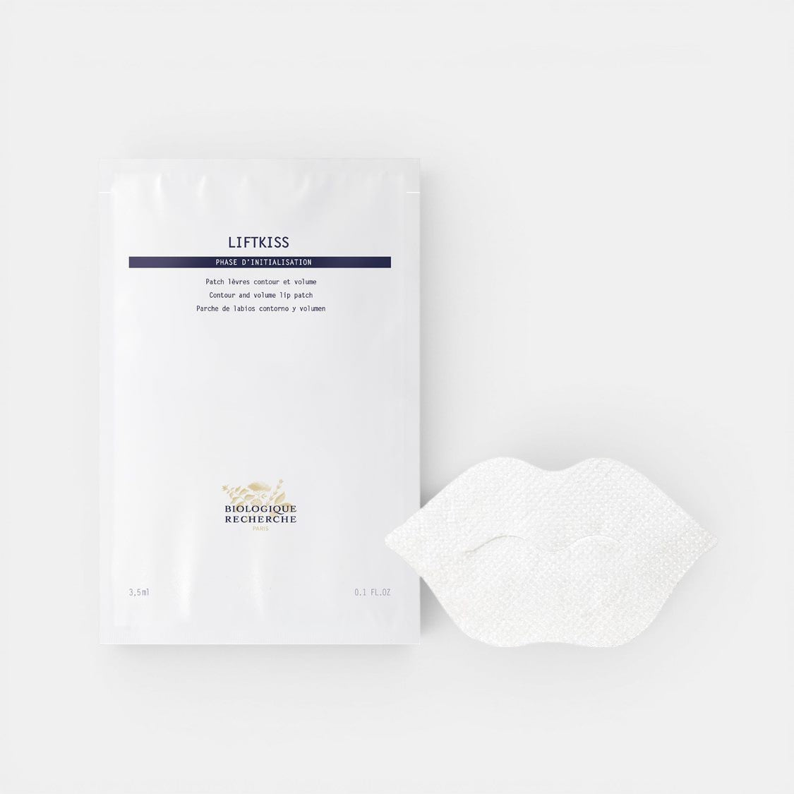 Biologique Recherche Liftkiss lip mask shown in its sleek, minimalist packaging on a white background. The single-use biocellulose mask is designed to hydrate, plump, and smooth the lips and surrounding contour. Ideal for dry, aging, or volume-depleted lips