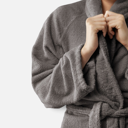 Shop Rescue Spa Linge Robe in Fumo grey, a soft and dense linen terry blend bathrobe with a rich garment-dyed finish.