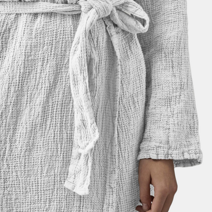 Shop Rescue Spa Lipe bathrobe in gesso white linen with a textured waffle weave and a practical shawl collar.
