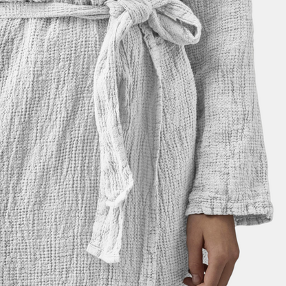 Shop Rescue Spa Lipe bathrobe in gesso white featuring a textured linen waffle weave and a practical shawl collar.