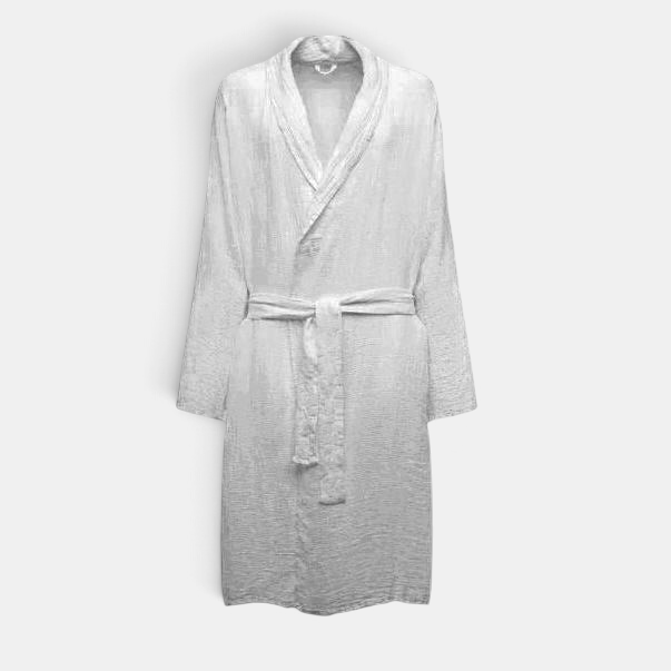 Shop Rescue Spa Lipe white linen waffle weave bathrobe with a shawl collar and matching waist tie.