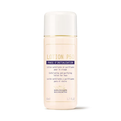 1.7 fl. oz. bottle of Biologique Recherche Lotion P50, displayed upright on a white background. A travel-size exfoliating toner that balances, purifies, and smooths the skin while enhancing radiance and refining texture.