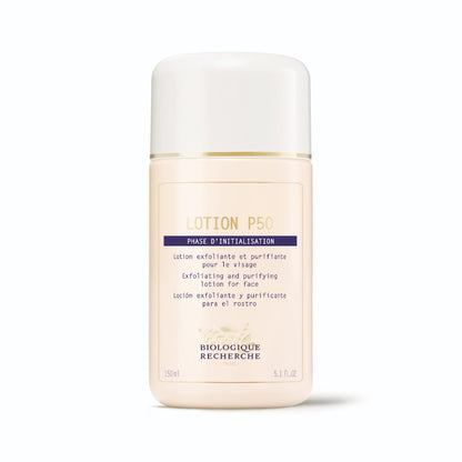 5.1 fl. oz. bottle of Biologique Recherche Lotion P50, displayed upright on a white background. A best-selling exfoliating toner that gently purifies, balances pH, and refines skin texture for a clearer, more radiant complexion.