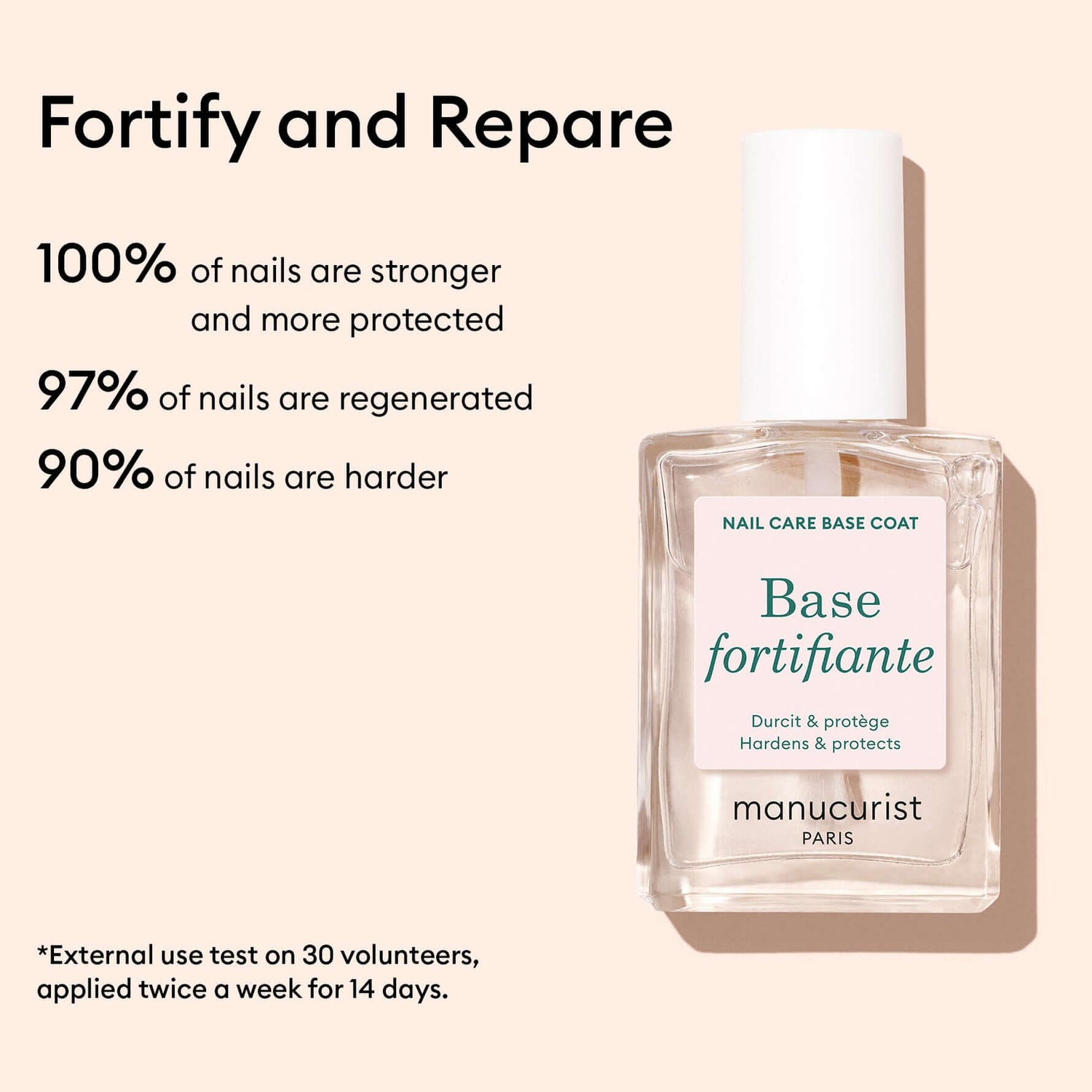 Manucurist base coat bottle with nail strength and regeneration statistics on a beige background