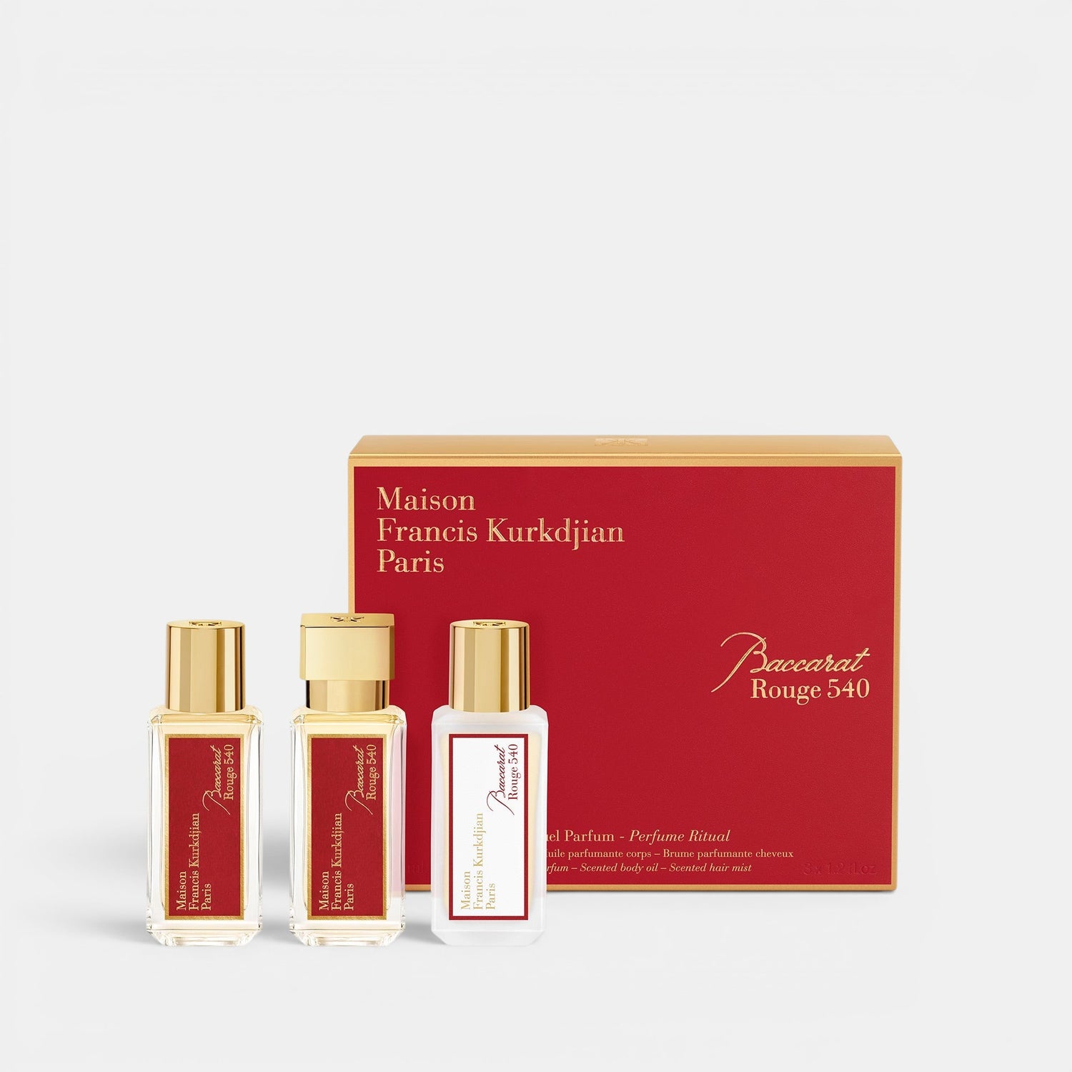 Maison Francis Kurkdjian Paris Baccarat
Rouge 540 Fragrance ritual set positioned upright, displaying three included products with a white background
