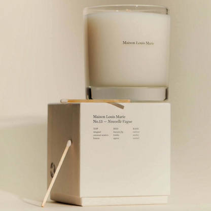 Shop Rescue Spa Maison Louis Marie No.13 Nouvelle Vague candle in a glass jar with its matching white product box.