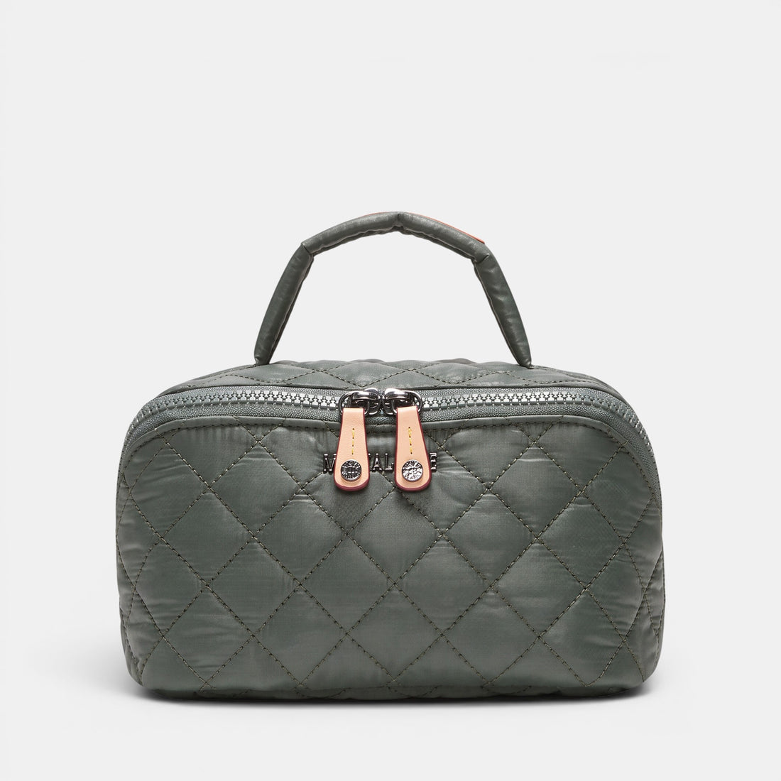 A dark gray quilted cosmetic bag with a top handle, featuring two rose gold zipper pulls with crystal accents, set against a light gray background.