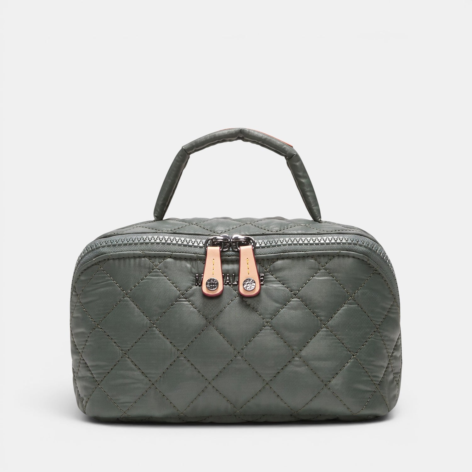 A dark gray quilted cosmetic bag with a top handle, featuring two rose gold zipper pulls with crystal accents, set against a light gray background.