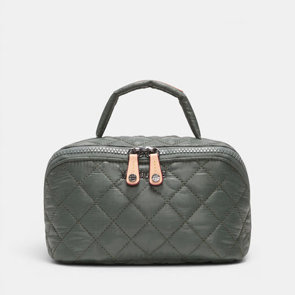 A dark gray quilted cosmetic bag with a top handle, featuring two rose gold zipper pulls with crystal accents, set against a light gray background.