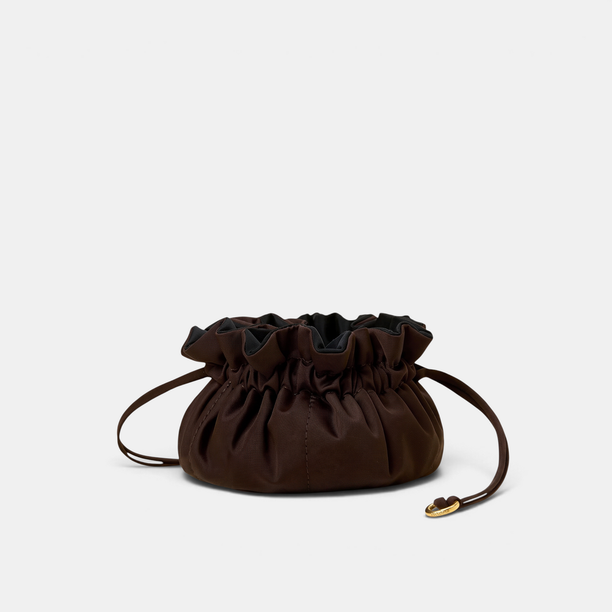 Shop Rescue Spa Lotus Petit jewelry pouch in dark brown neoprene with a drawstring closure and gold hardware.