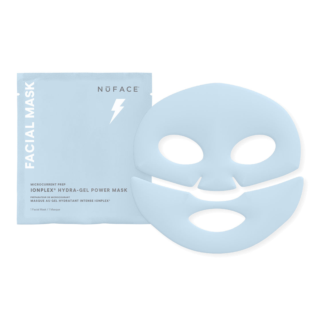 NuFace IonPlex Hydra-Gel Power Mask, positioned upright with a white background. Korean sheet mask for dehydrated skin.