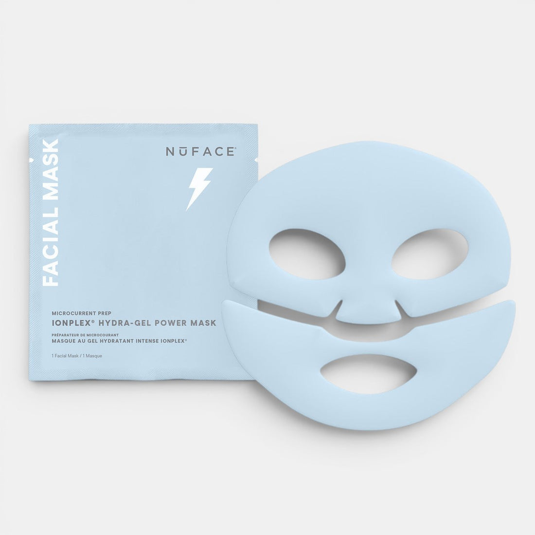 NuFace IonPlex Hydra-Gel Power Mask, positioned upright with a white background. Korean sheet mask for dehydrated skin.
