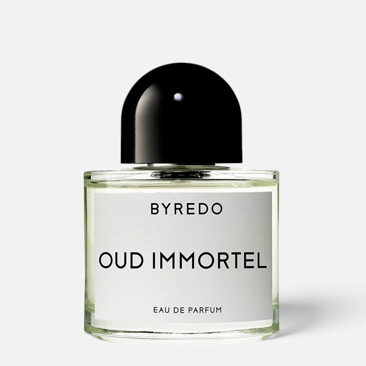 Shop Rescue Spa Byredo Oud Immortel eau de parfum in a clear glass bottle with a black rounded cap.