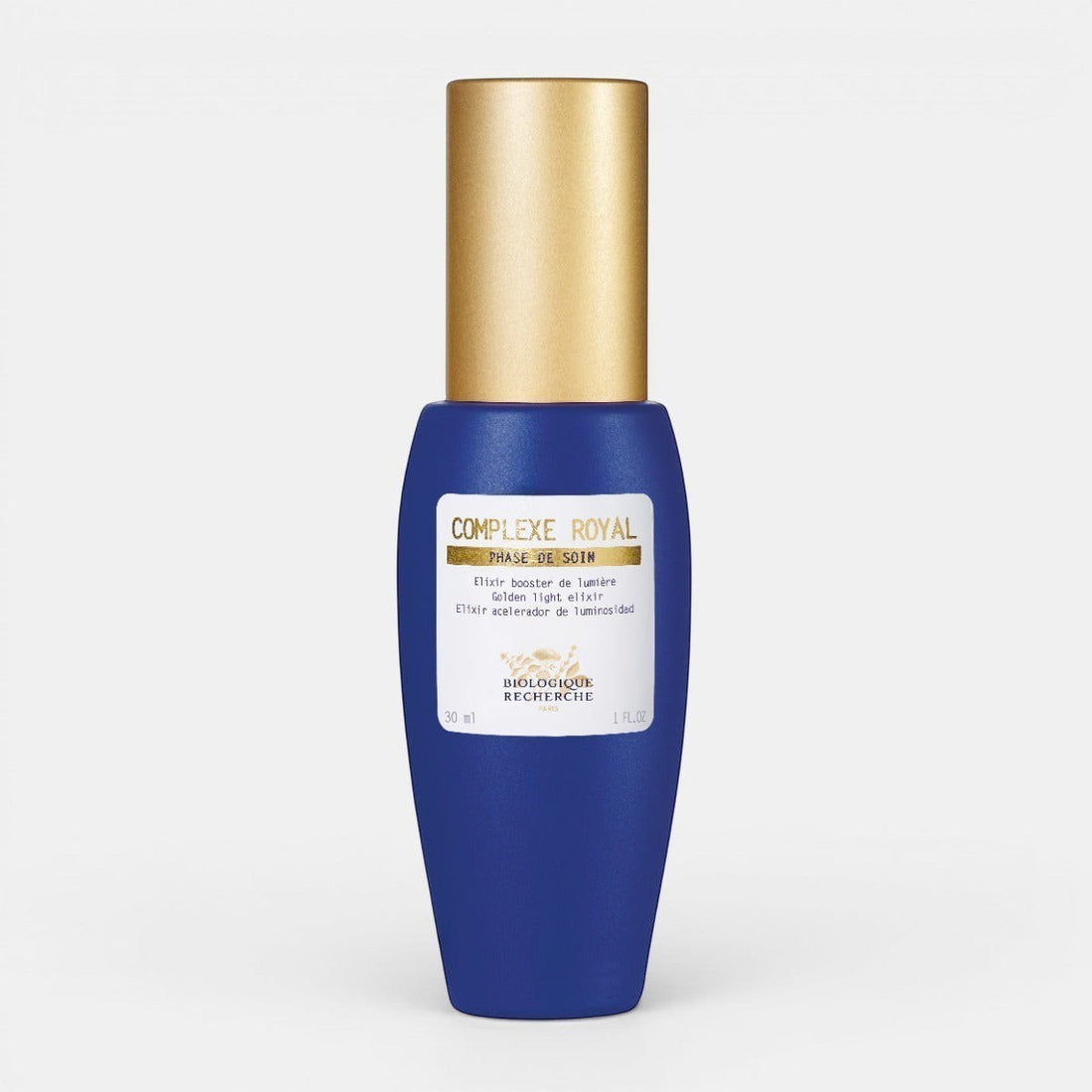 Biologique Recherche Complexe Royal – blue skincare bottle with a gold cap, shown upright on a white background. This nourishing and protective face serum is formulated to regenerate and fortify dry, alipidic skin while brightening the complexion and defending against environmental stressors.