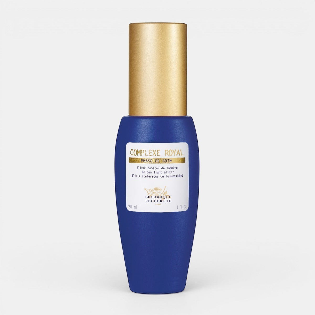 Biologique Recherche Complexe Royal – blue skincare bottle with a gold cap, shown upright on a white background. This nourishing and protective face serum is formulated to regenerate and fortify dry, alipidic skin while brightening the complexion and defending against environmental stressors.