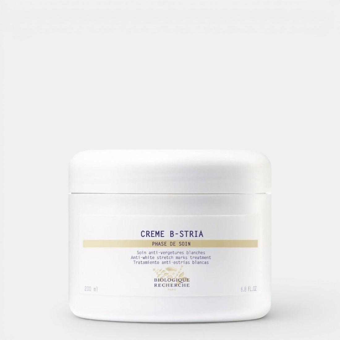 White jar of Biologique Recherche Crème B-Stria, anti-white stretch marks body cream