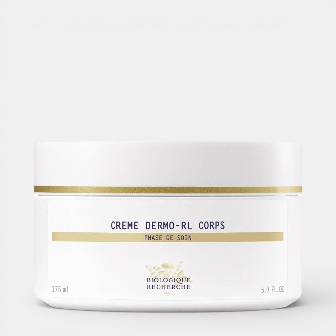 White jar of Biologique Recherche Dermo-RL Body Cream with a gold band, displayed on a clean white background.