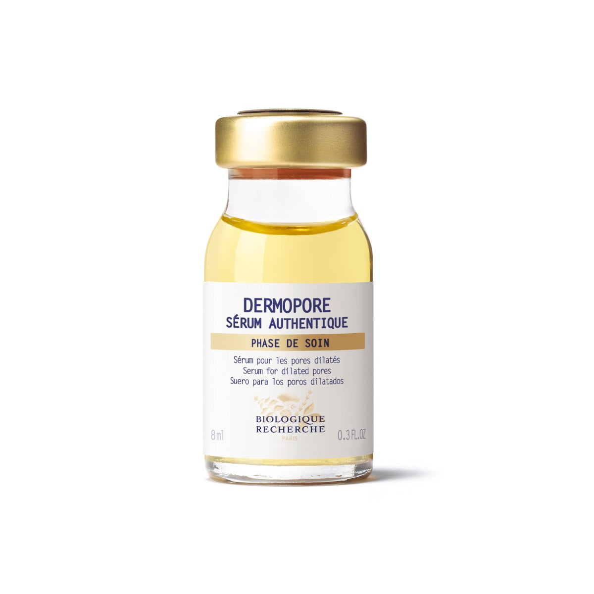 Small 0.3 fl.oz glass bottle of Biologique Recherche Serum Dermopore with a gold cap and white label featuring blue text, shown upright on a white background. A targeted serum formulated to minimize enlarged pores, control oil, and smooth uneven skin texture