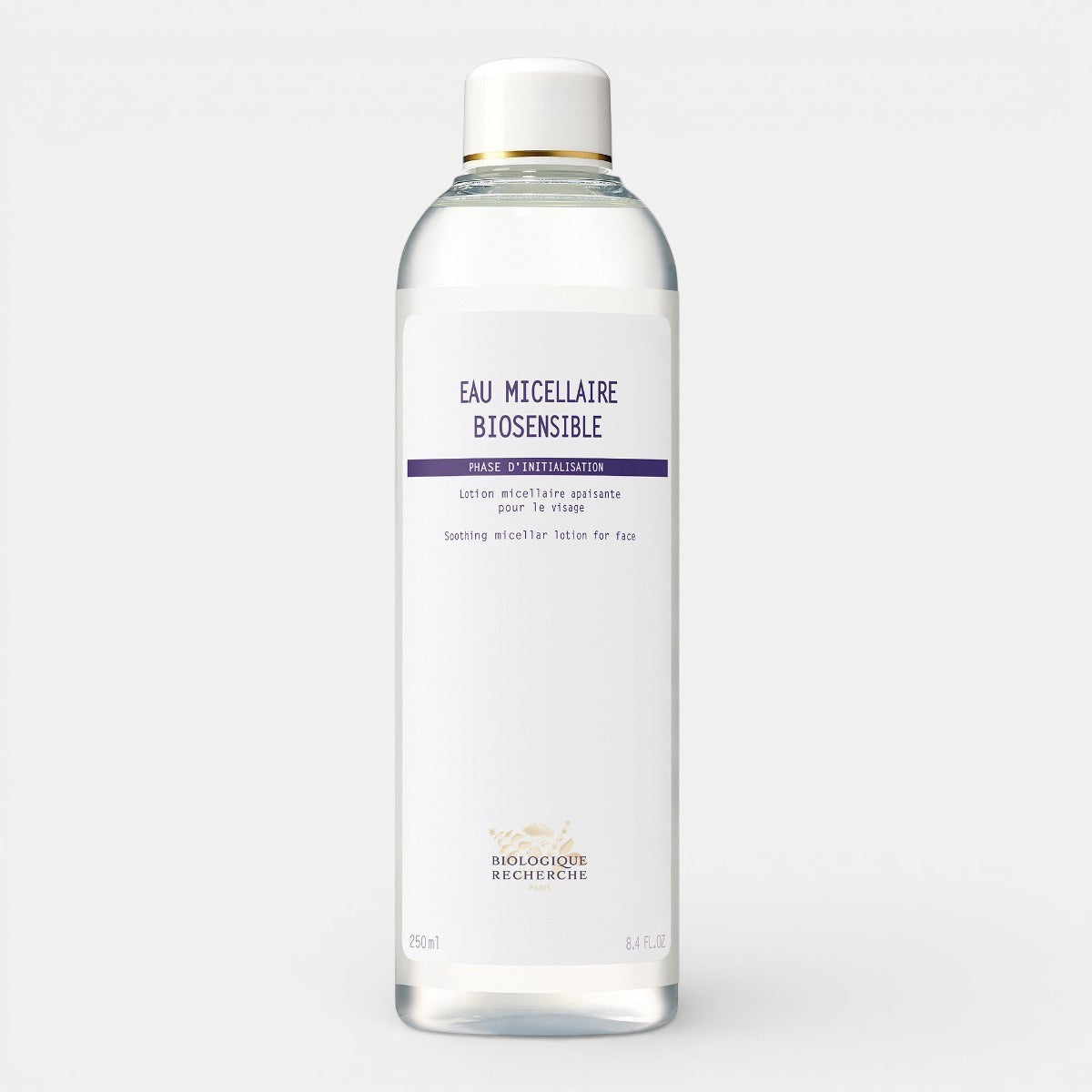 Biologique Recherche Eau Micellaire Biosensible bottle with soft, minimalist packaging, ideal for sensitive skin makeup removal.