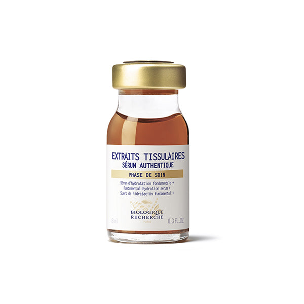 Biologique Recherche Serum Extraits Tissulaires – Glass serum bottle with gold cap containing brown liquid, featuring a white label with dark blue Biologique Recherche branding, shown on a white background. Size 0.3 