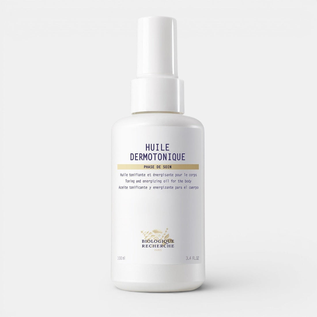 White bottle of Biologique Recherche Huile Dermotonique on a white background. Designed to tone skin, reduce cellulite, and improve firmness.