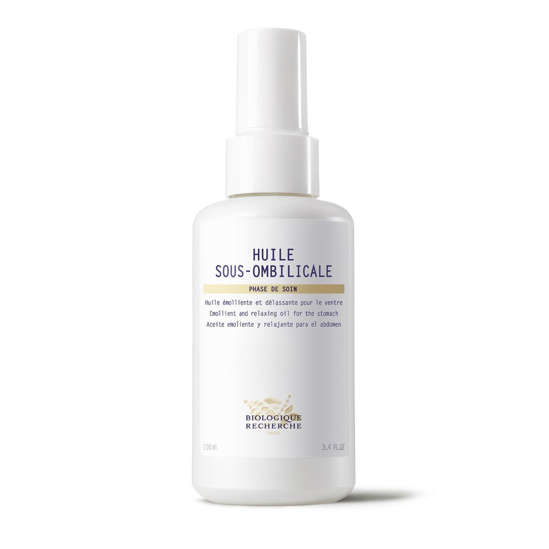 White bottle of Huile Sous-Ombilicale on a white background. Spray bottle of toning oil designed to reduce stomach bloating and puffiness, enriched with essential oils like cedarwood and juniper, placed on a clean background.