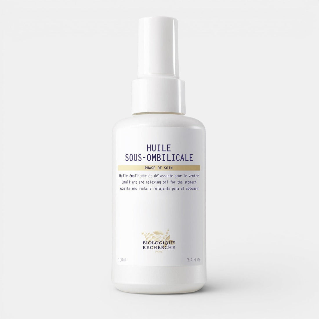 White bottle of Huile Sous-Ombilicale on a white background. Spray bottle of toning oil designed to reduce stomach bloating and puffiness, enriched with essential oils like cedarwood and juniper, placed on a clean background.