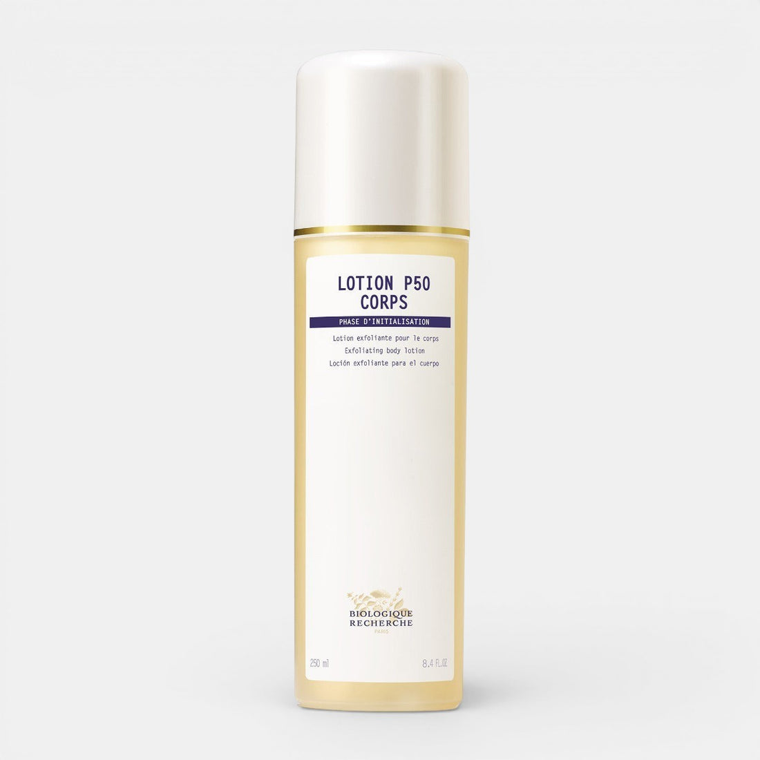 Clear bottle of Biologique Recherche Lotion P50 Corps with a white label, blue lettering, and a white-and-gold cap, placed on a white background.