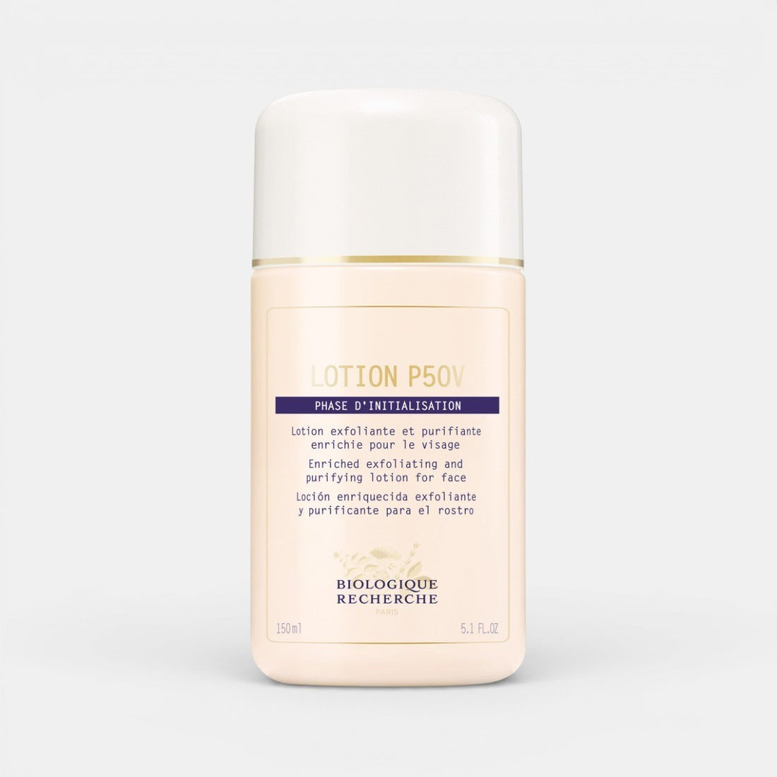Lotion P50V exfoliating toner, 5.1 fl.oz. Medium white plastic bottle labeled "Lotion P50V" with dark blue text on a clean white background. This vitamin-enriched toner gently exfoliates dead skin cells, balances pH, hydrates, and refines skin texture, ideal for normal to dry and mature skin types.