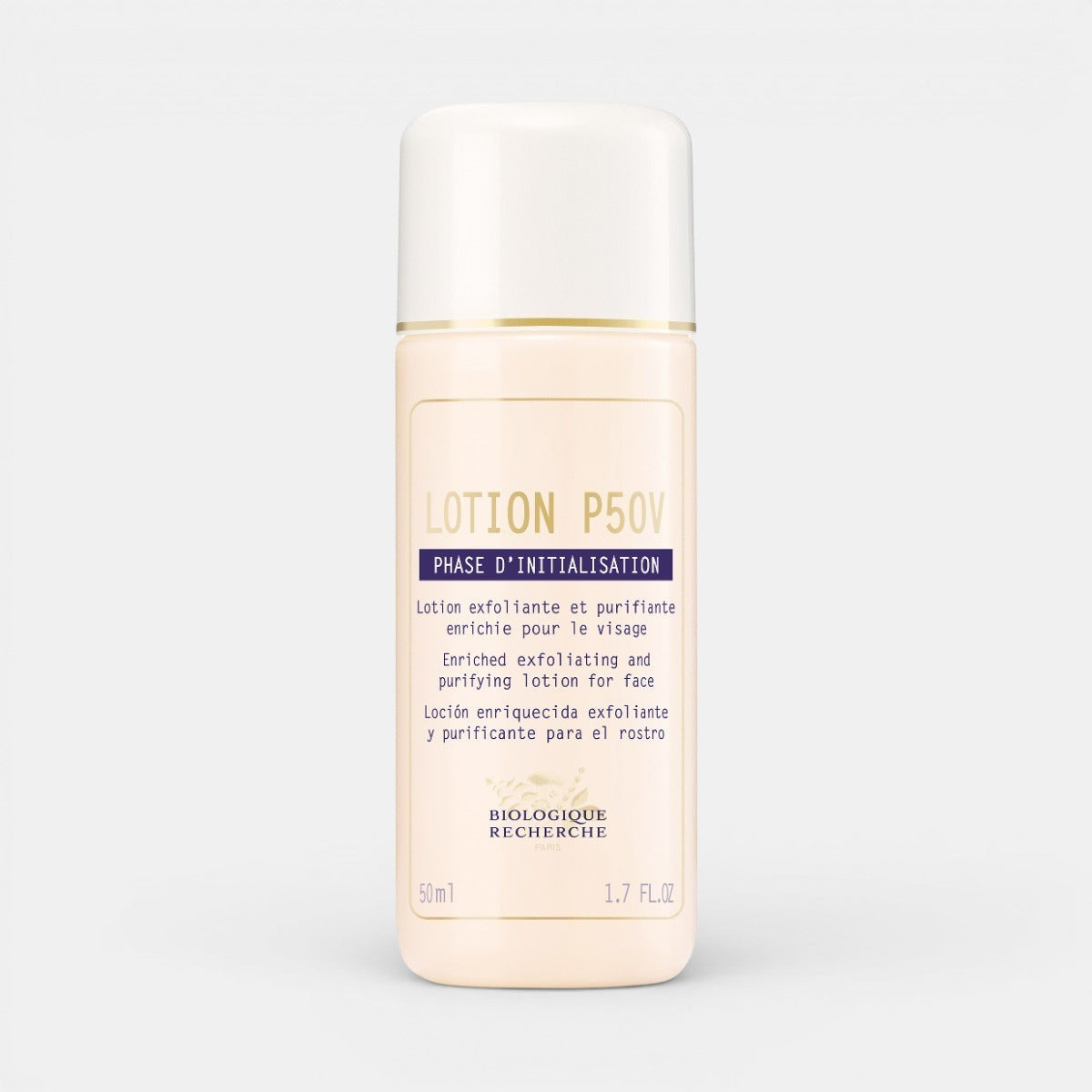 Lotion P50V exfoliating toner, 1.7 fl.oz. Small white plastic bottle labeled "Lotion P50V" with dark blue text on a clean white background. This vitamin-enriched toner gently exfoliates dead skin cells, balances pH, hydrates, and refines skin texture, ideal for normal to dry and mature skin types.