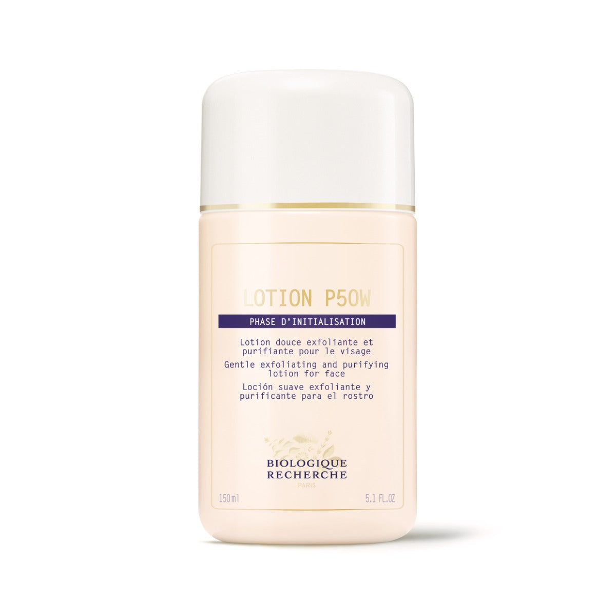 bottle of Biologique Recherche Lotion P50W with white label, blue lettering, and a white-and-gold cap on a white background. Size 5.1 fl.oz 