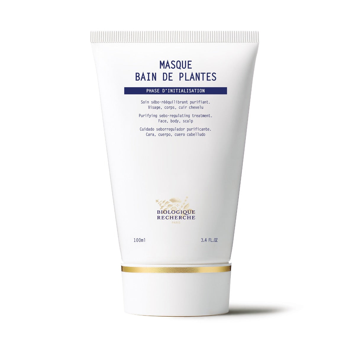 Biologique Recherche Bain de Plantes Face Mask in a squeezable white tube with the Biologique Recherche logo and blue lettering, displayed on a clean white background.

