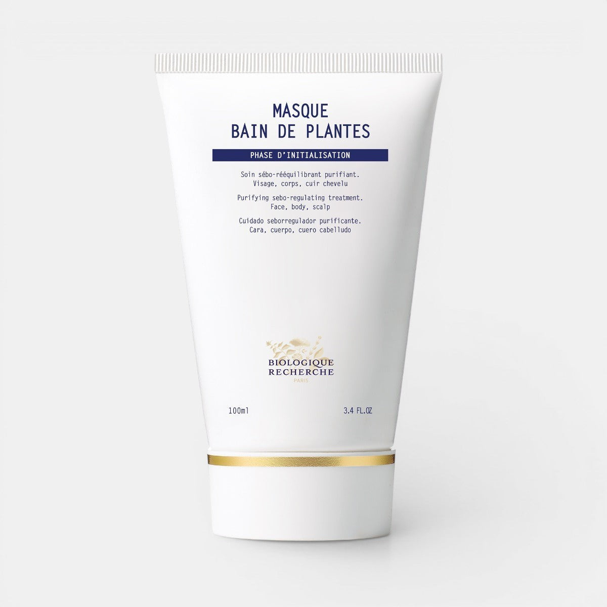 Biologique Recherche Bain de Plantes Face Mask in a squeezable white tube with the Biologique Recherche logo and blue lettering, displayed on a clean white background.