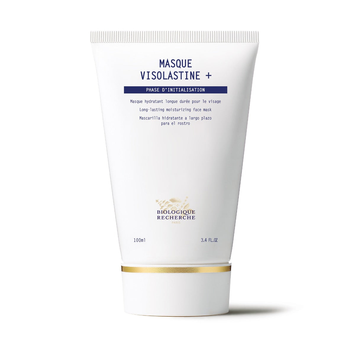Biologique Recherche Masque Visolastine+ – deeply hydrating mask for dry and sensitive skin. White tube with bl ue branded letters, pictured on a white backround