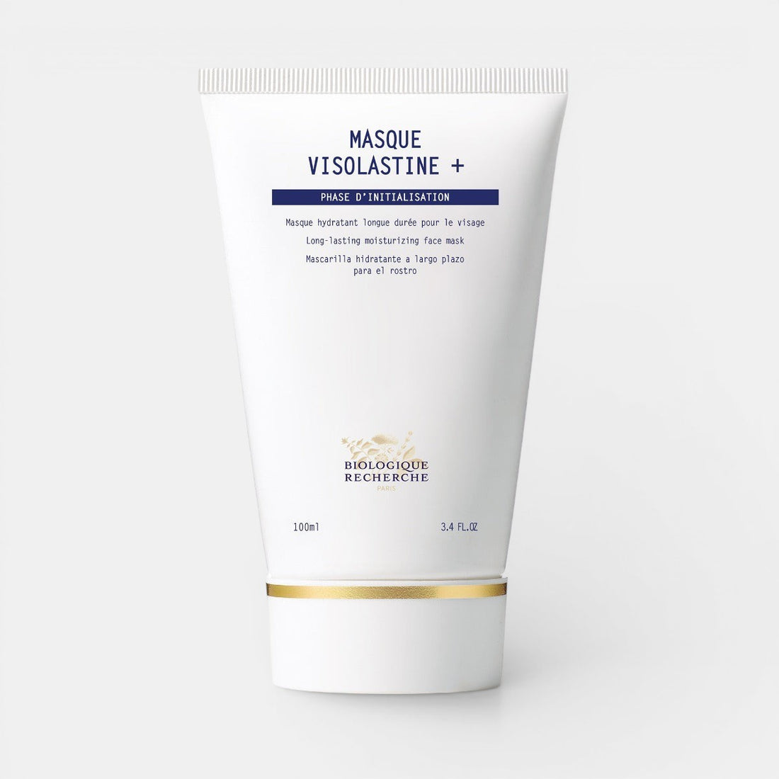 Biologique Recherche Masque Visolastine+ – deeply hydrating mask for dry and sensitive skin. White tube with bl ue branded letters, pictured on a white backround