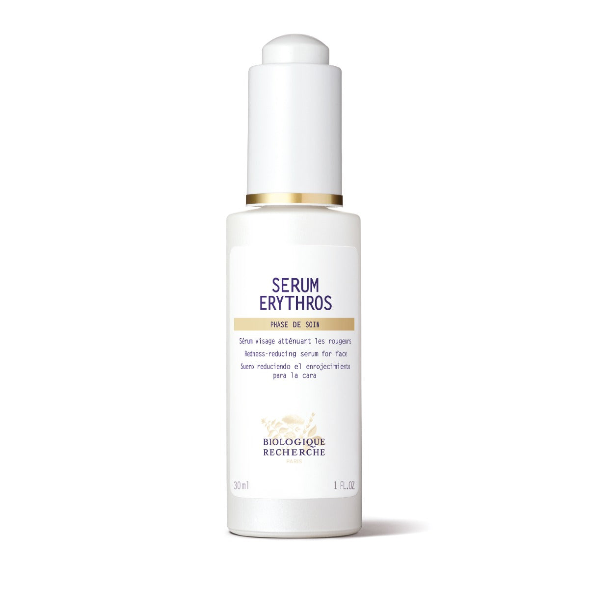 White glass bottle of Biologique Recherche Sérum Erythros with a white label, blue lettering, and a white gold cap, displayed on a white background.