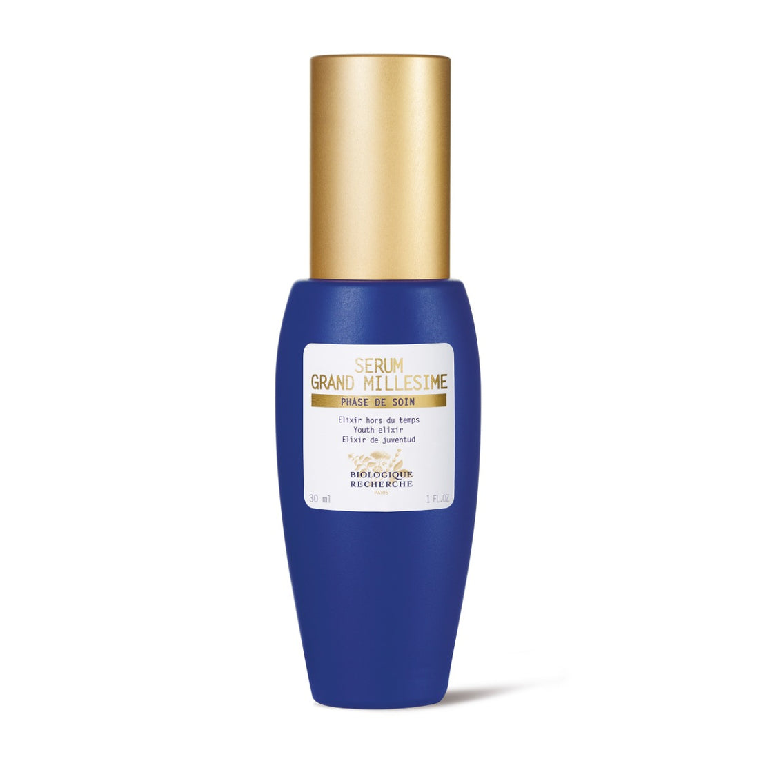 Biologique Recherche Sérum Grand Millésime (1.0 fl.oz) – A sleek blue serum bottle with a gold cap, elegantly displayed on a clean white background.