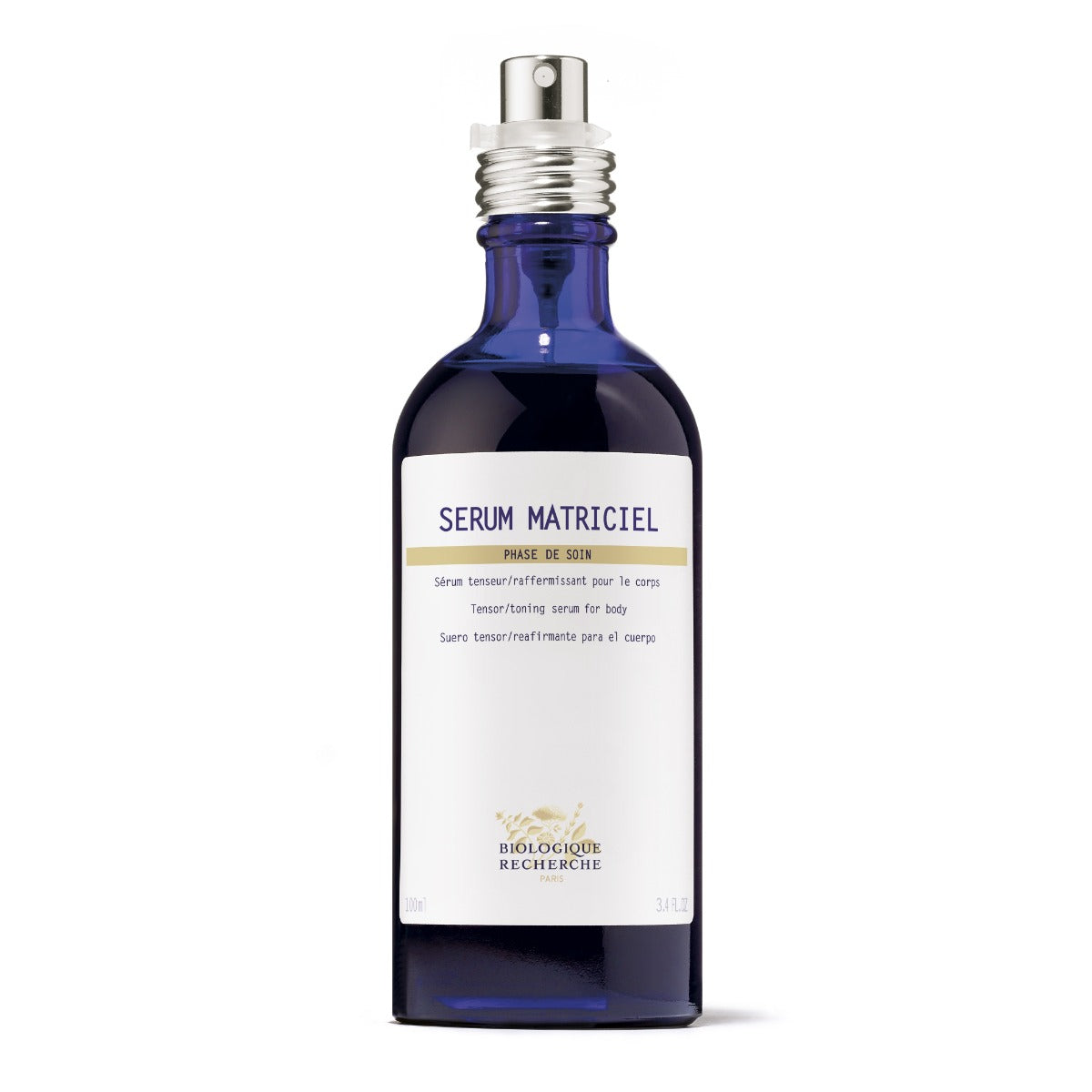 Biologique Recherche Serum Matriciel in a blue glass bottle with a white label featuring Biologique Recherche branding in dark blue letters, displayed on a clean white background.
