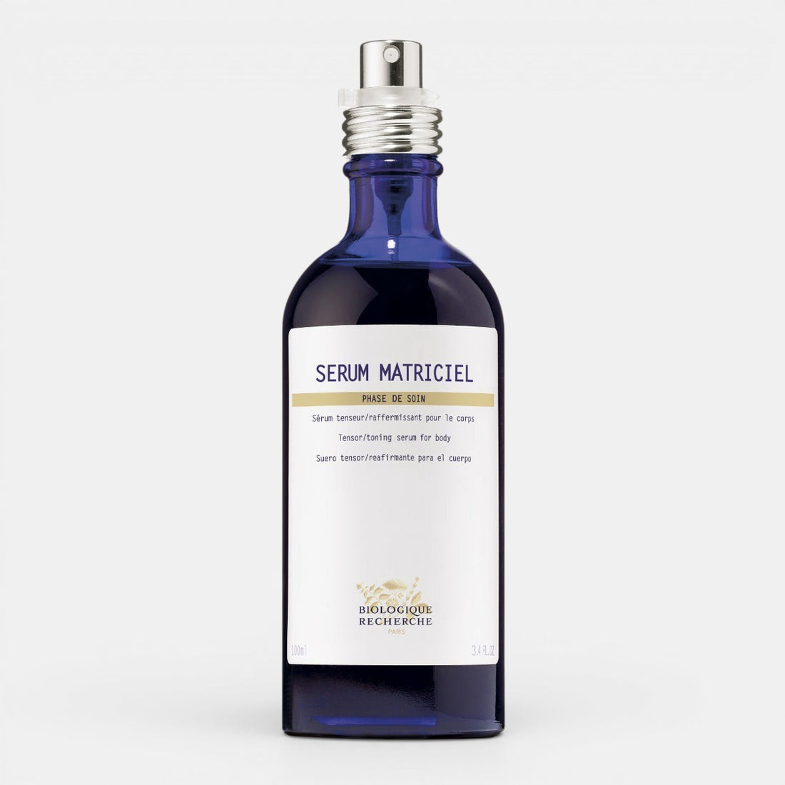 Biologique Recherche Serum Matriciel in a blue glass bottle with a white label featuring Biologique Recherche branding in dark blue letters, displayed on a clean white background.