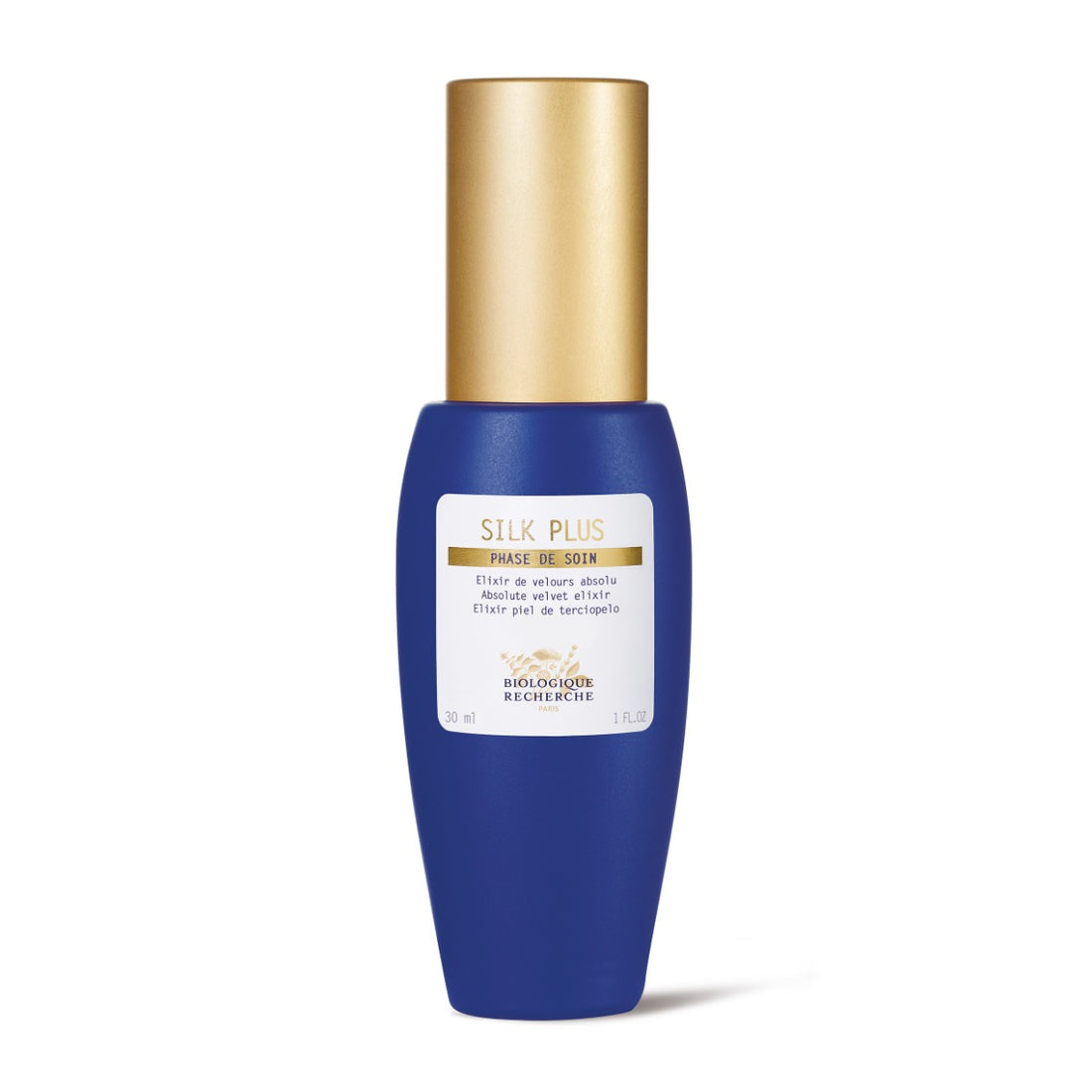 Blue Biologique Recherche Silk Plus bottle with gold cap on a white background. Mattifying &amp; Soothing Serum for Sensitive, Oily Skin.
