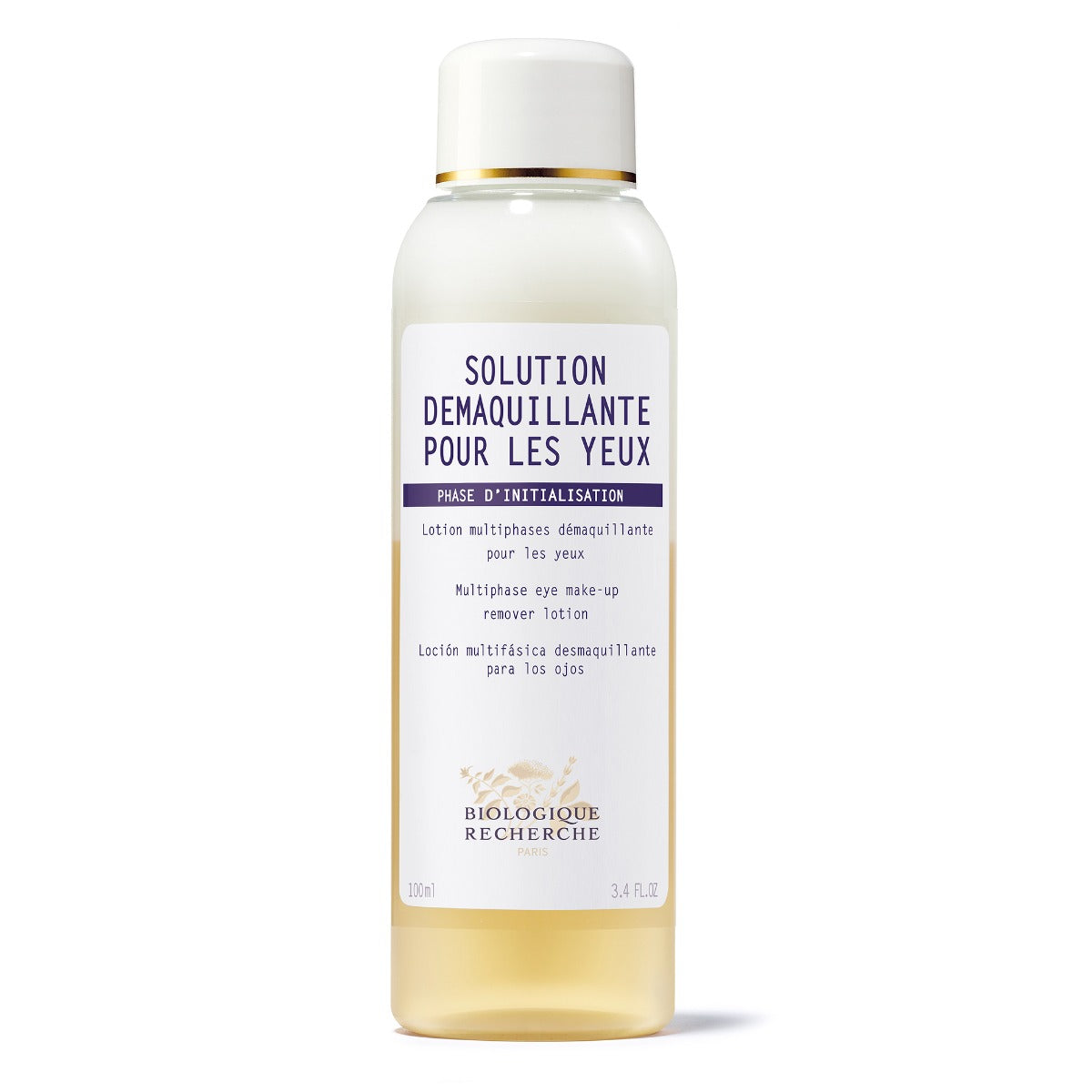 Clear bottle of Biologique Recherche Solution Démaquillante Pour Les Yeux eye makeup remover, featuring a dual-phase liquid (oil and water layers) with a white cap, placed against a white background. Gentle Bi Phase Eye Makeup Remover.
