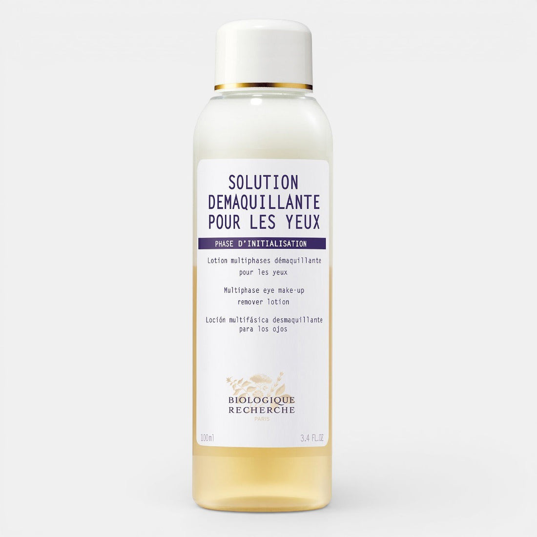Clear bottle of Biologique Recherche Solution Démaquillante Pour Les Yeux eye makeup remover, featuring a dual-phase liquid (oil and water layers) with a white cap, placed against a white background. Gentle Bi Phase Eye Makeup Remover.