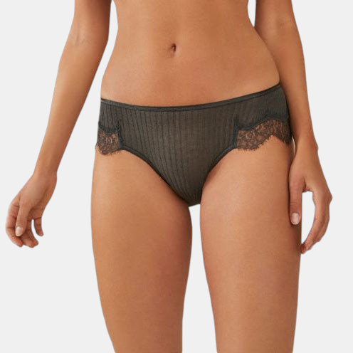 Shop Rescue Spa Richelieu briefs in dark shadow grey Pima cotton with delicate lace trim on the legs