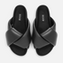 Shop Rescue Spa ROAM Foldy Puffy black vegan leather slide sandals with a cushioned memory foam cross-strap design.