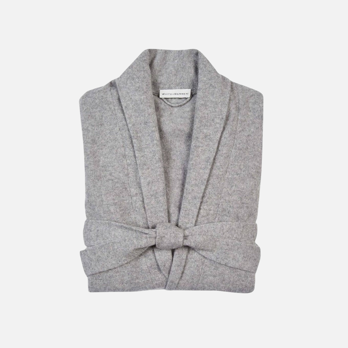 Shop Rescue Spa grey heather long cashmere robe with a shawl collar and tie belt, folded neatly.