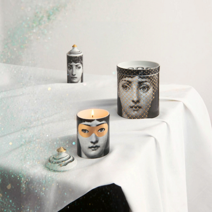 Shop Rescue Spa Nel Mentre large scented candle featuring the Mascherina Burlesque design with a gold mask motif.
