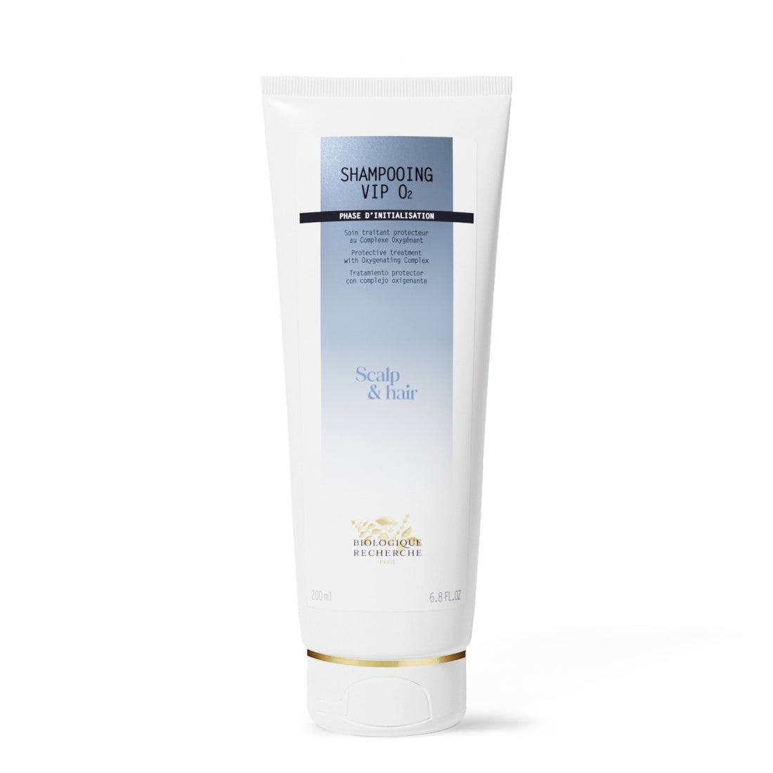 Biologique Recherche Shampooing VIP O2 in a 6.8 fl.oz white tube with a blue label, displayed upright on a clean white background. A detoxifying and oxygenating shampoo designed to remove pollutants, revitalize the scalp, and restore shine to dull hair.