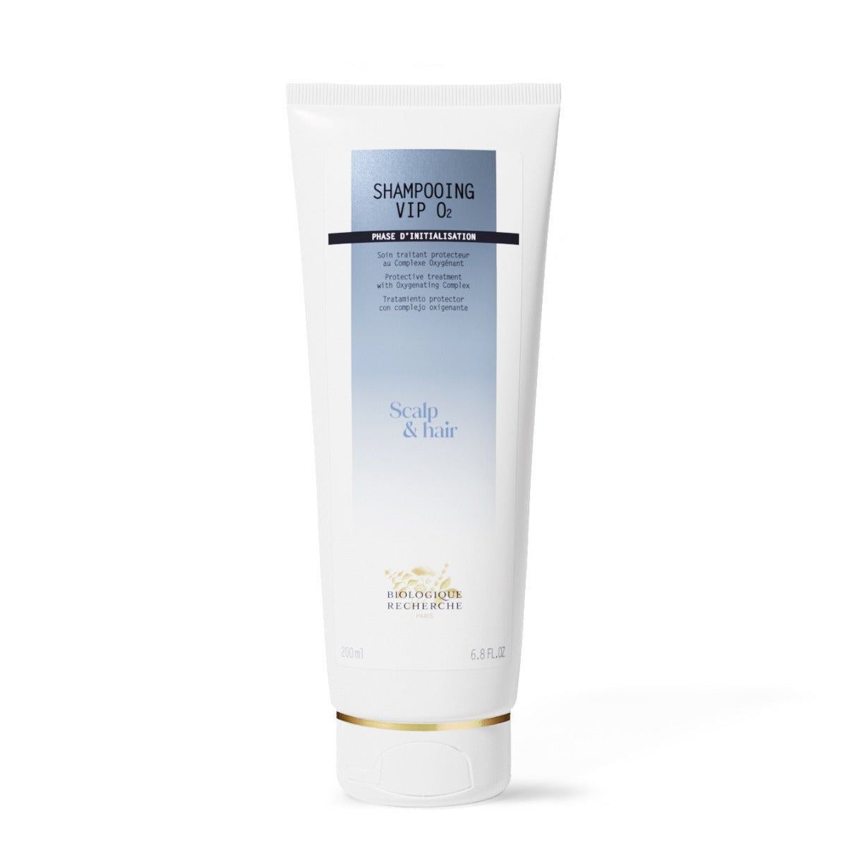 Biologique Recherche Shampooing VIP O2 in a 6.8 fl.oz white tube with a blue label, displayed upright on a clean white background. A detoxifying and oxygenating shampoo designed to remove pollutants, revitalize the scalp, and restore shine to dull hair.