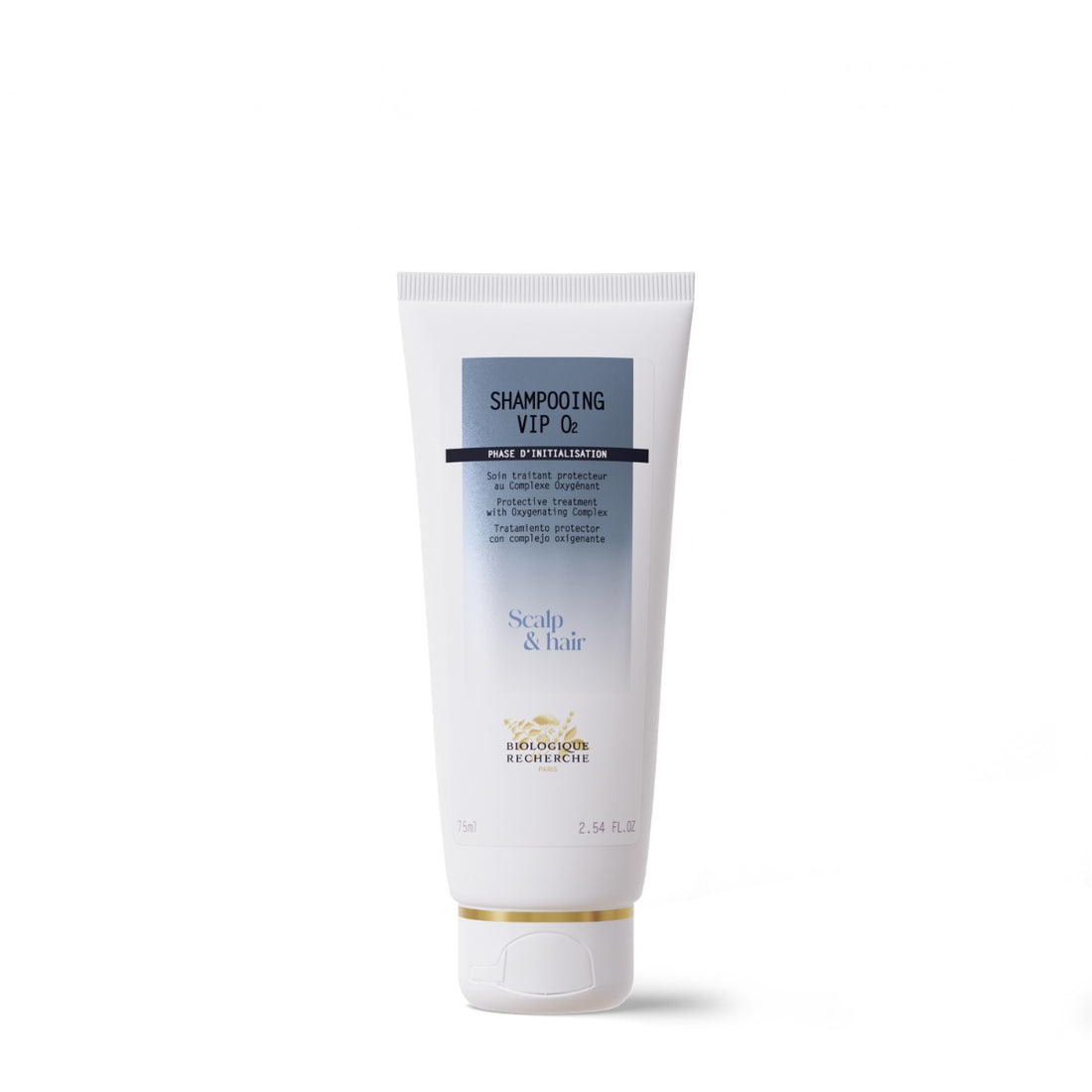 Biologique Recherche Shampooing VIP O2 in a 2.54 fl.oz white tube with a blue label, shown upright on a white background. A travel-size oxygenating shampoo that detoxifies the scalp, removes pollutants, and enhances hair shine and vitality.