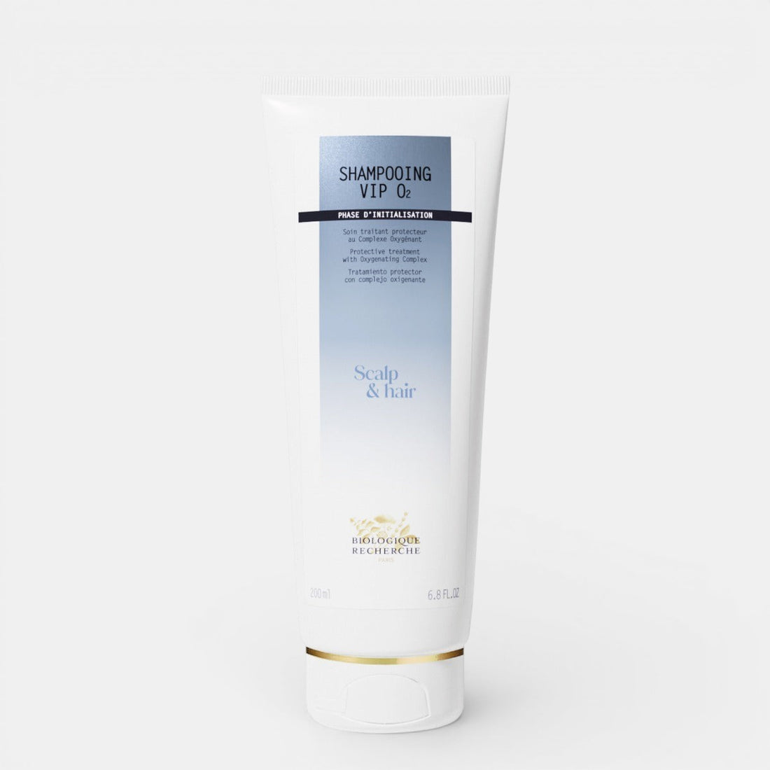 Biologique Recherche Shampooing VIP O2 in a 6.8 fl.oz white tube with a blue label, displayed upright on a clean white background. A detoxifying and oxygenating shampoo designed to remove pollutants, revitalize the scalp, and restore shine to dull hair.